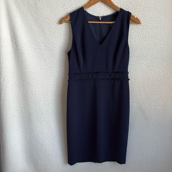 Karl Lagerfeld‎ Sheath Dress Womens Size 2 Indigo V Neck Fringe Trim - Picture 1 of 6